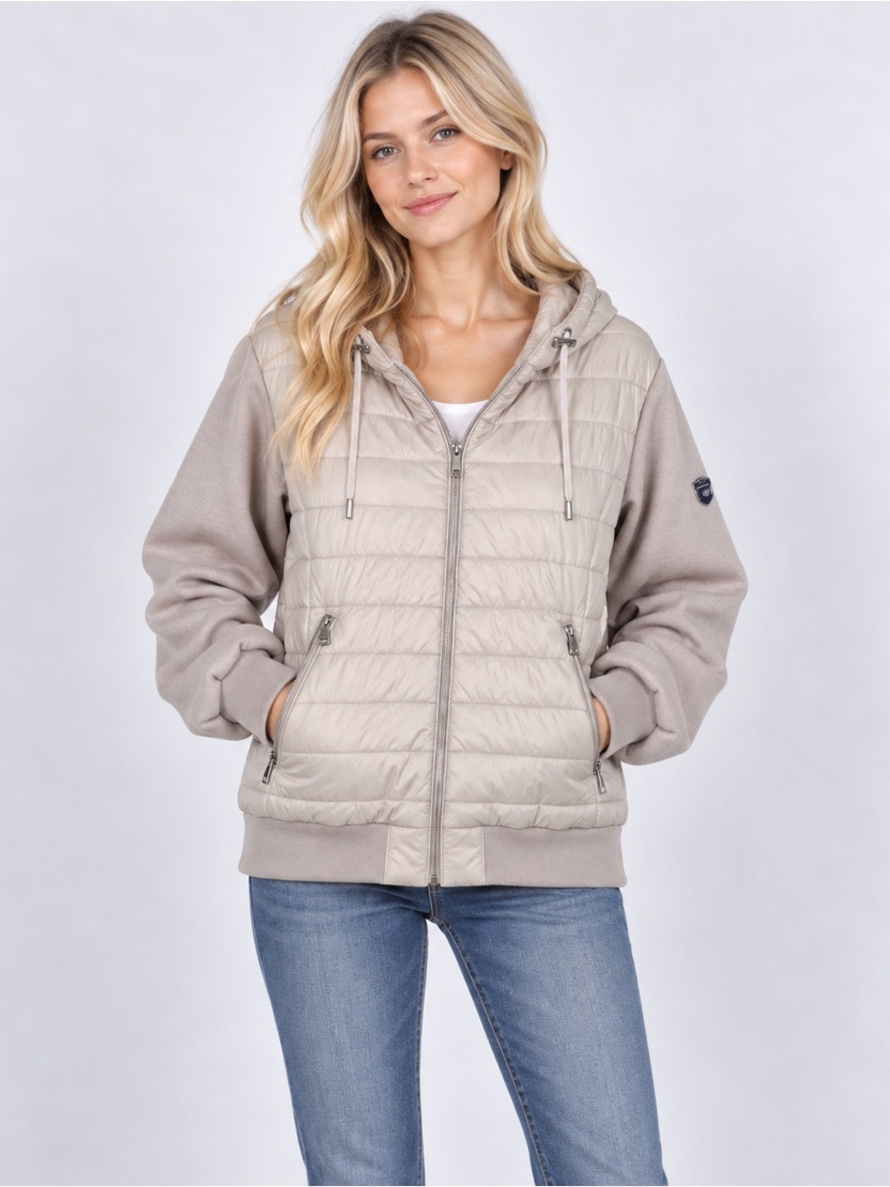 1 Madison Expedition Hybrid Puffer Jacket Hooded Pockets Beige Womens size XXL